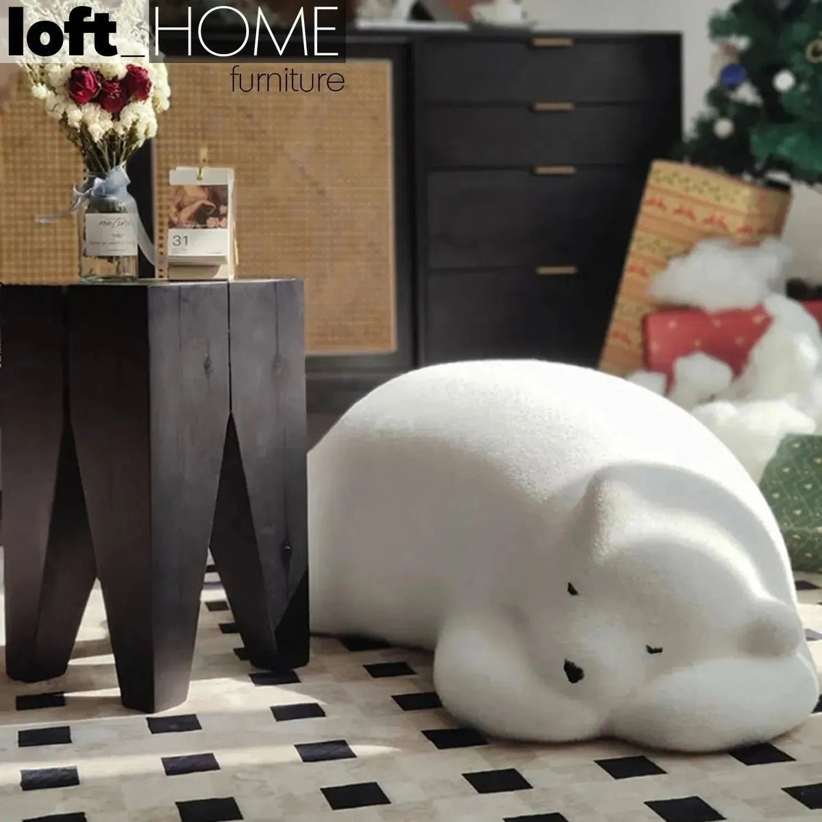 Bauhaus velvet ottoman resting bear white conceptual design.