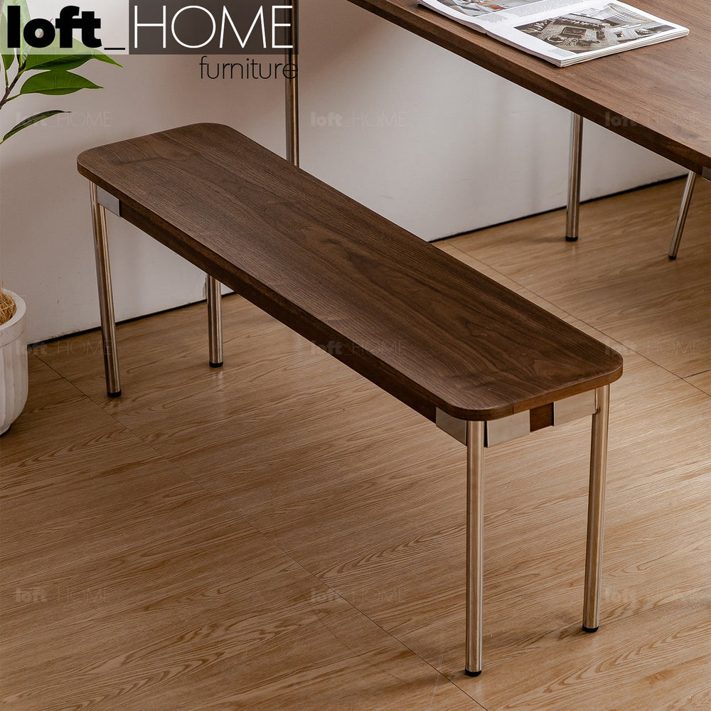 Modern wood dining bench walnut halden primary product view.