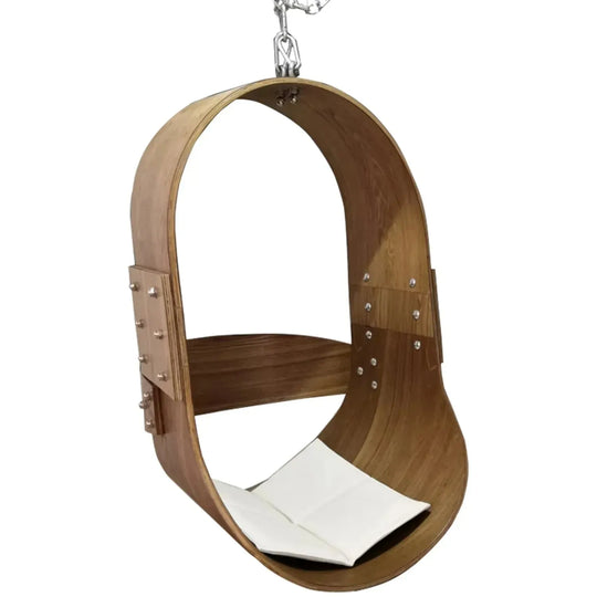 Scandinavian wood hanging chair 1 seater sofa plywood in white background.