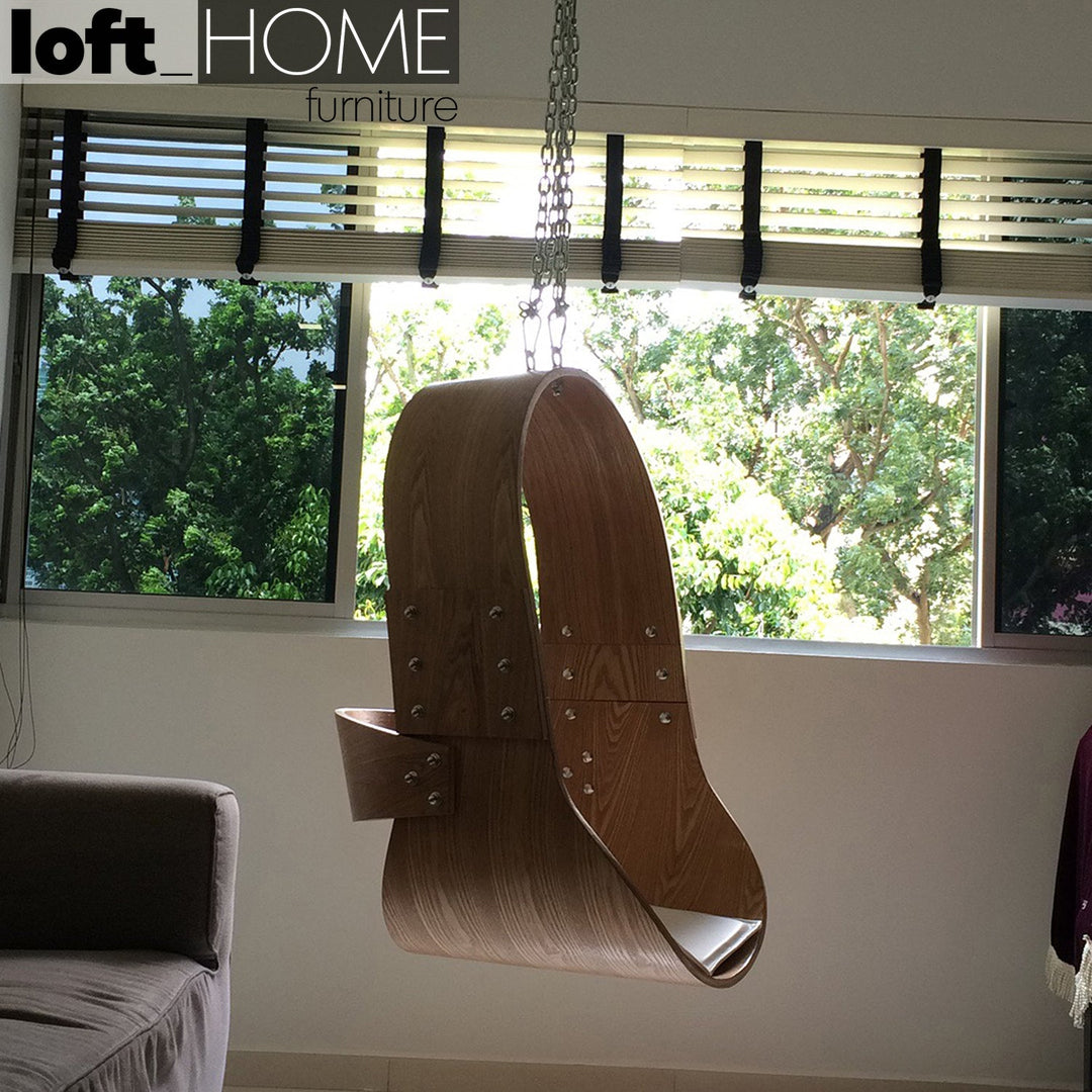 Modern wood hanging chair 1 seater sofa plywood with context.