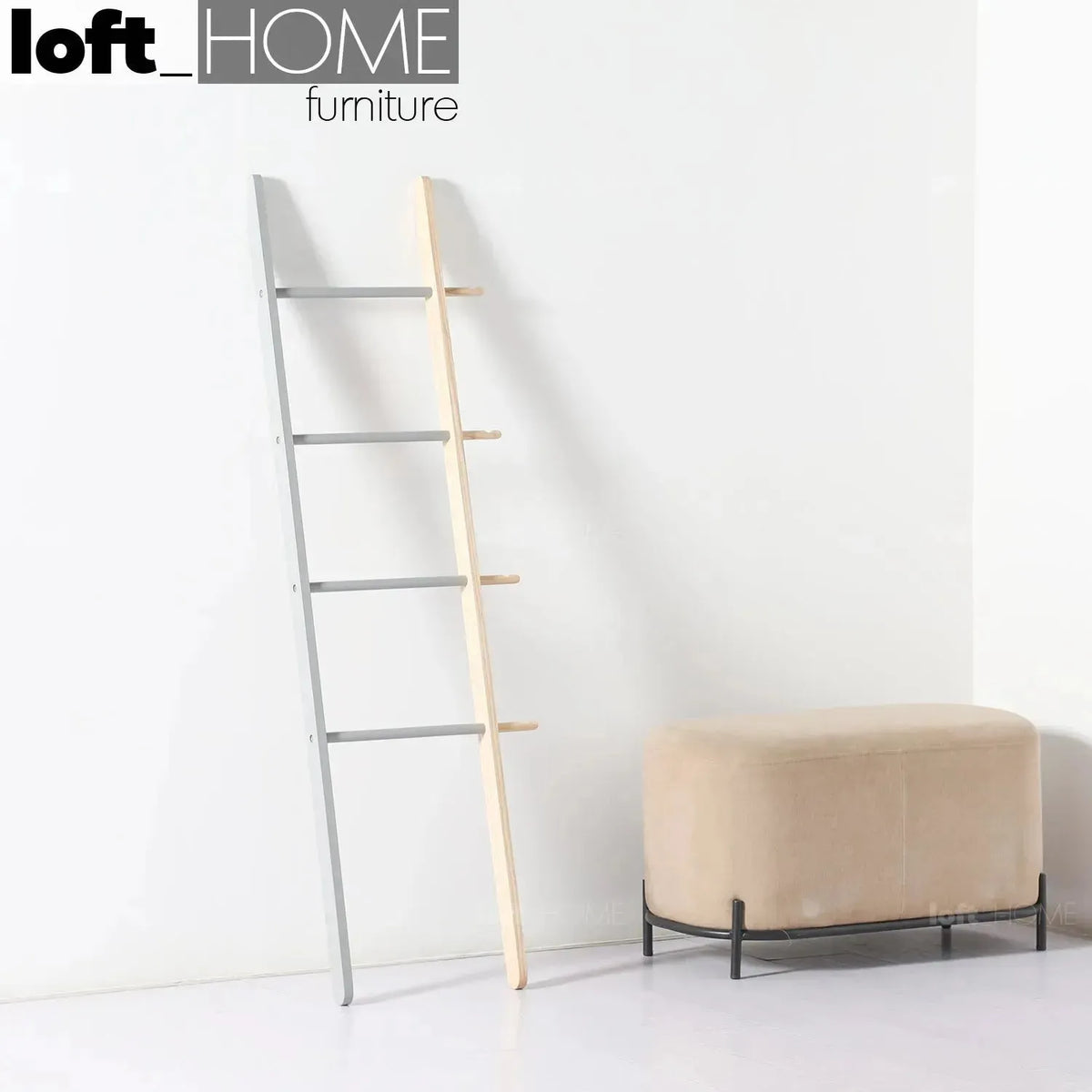 Modern wood tower ladder cloth hanger gonn with context.