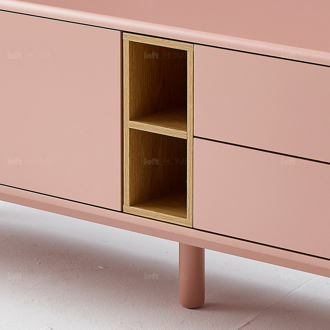 Modern wood tv console luna pink in close up details.