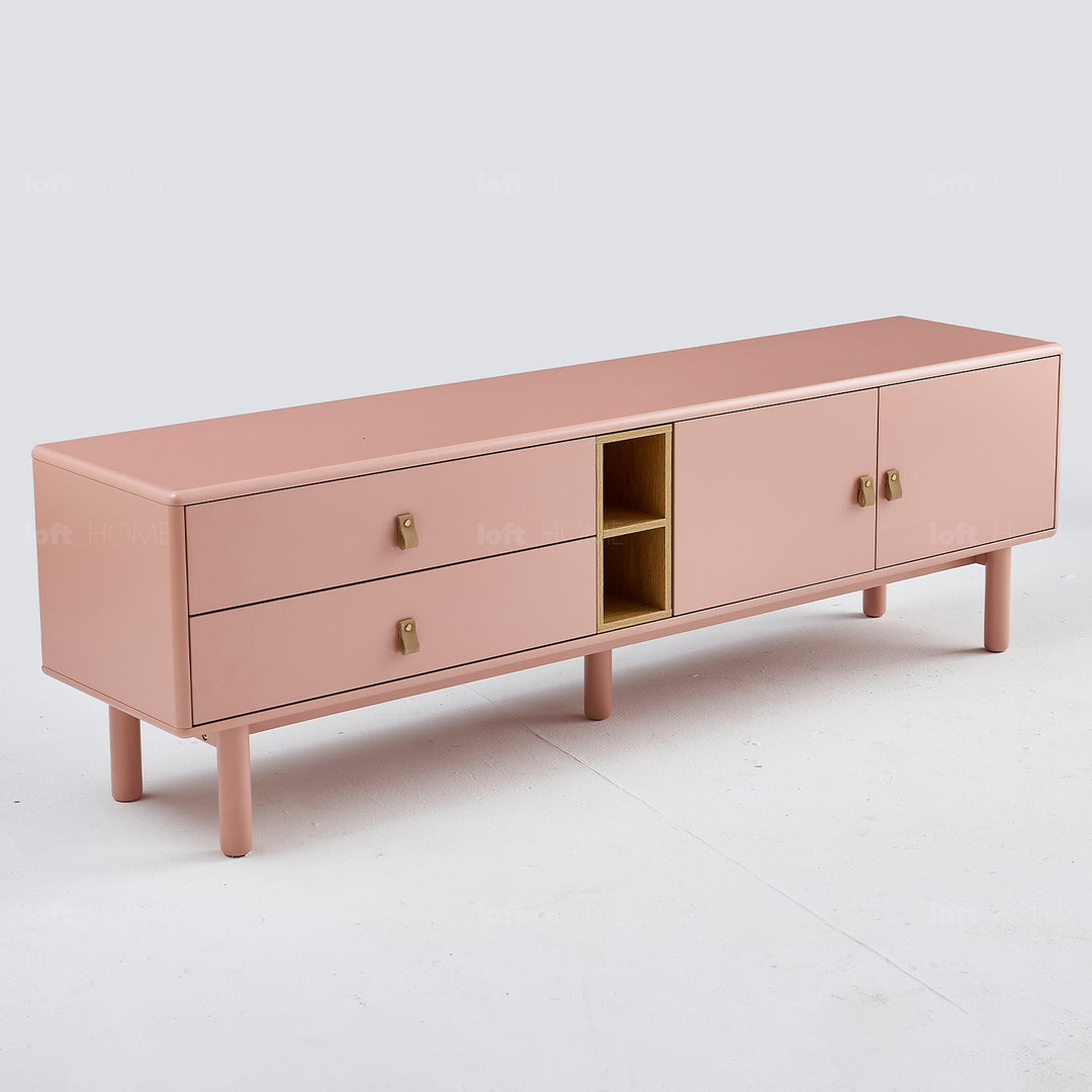 Modern wood tv console luna pink in still life.