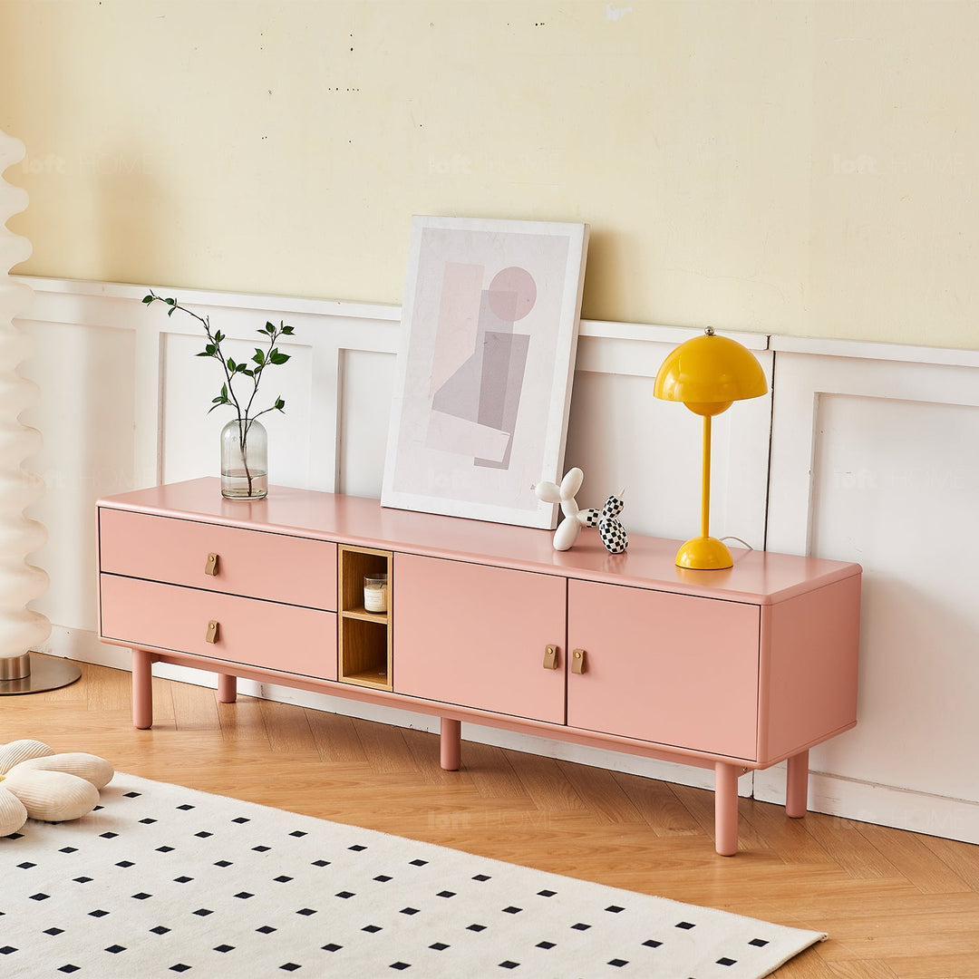 Modern wood tv console luna pink in real life style.