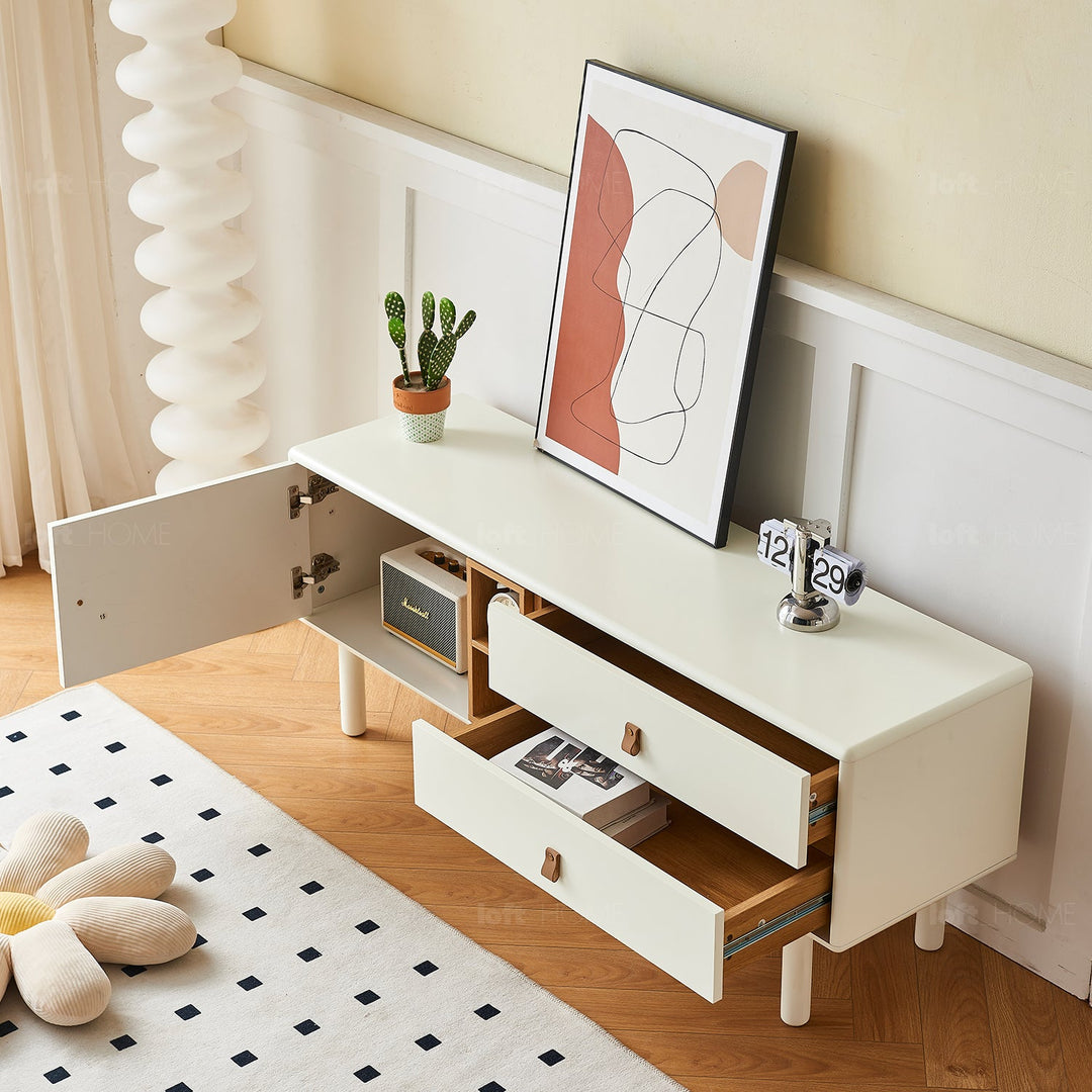 Modern wood tv console luna white in real life style.