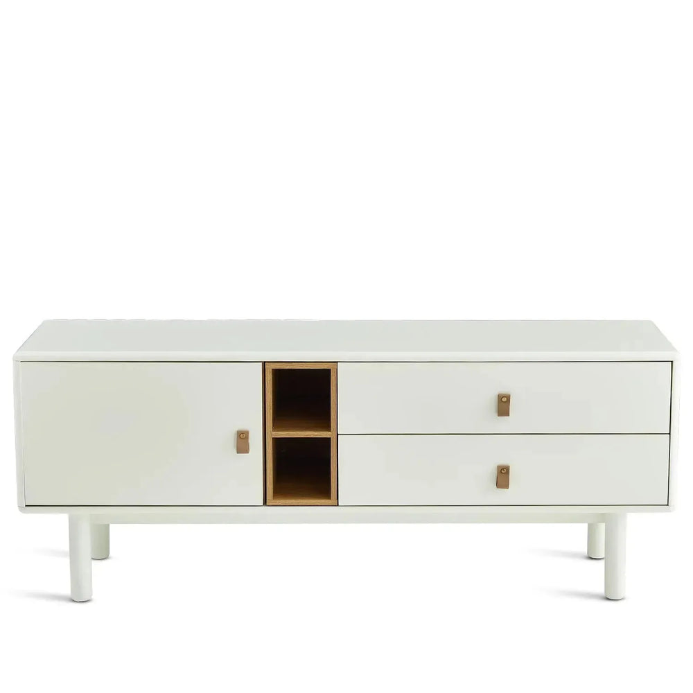 Modern wood tv console luna white in white background.