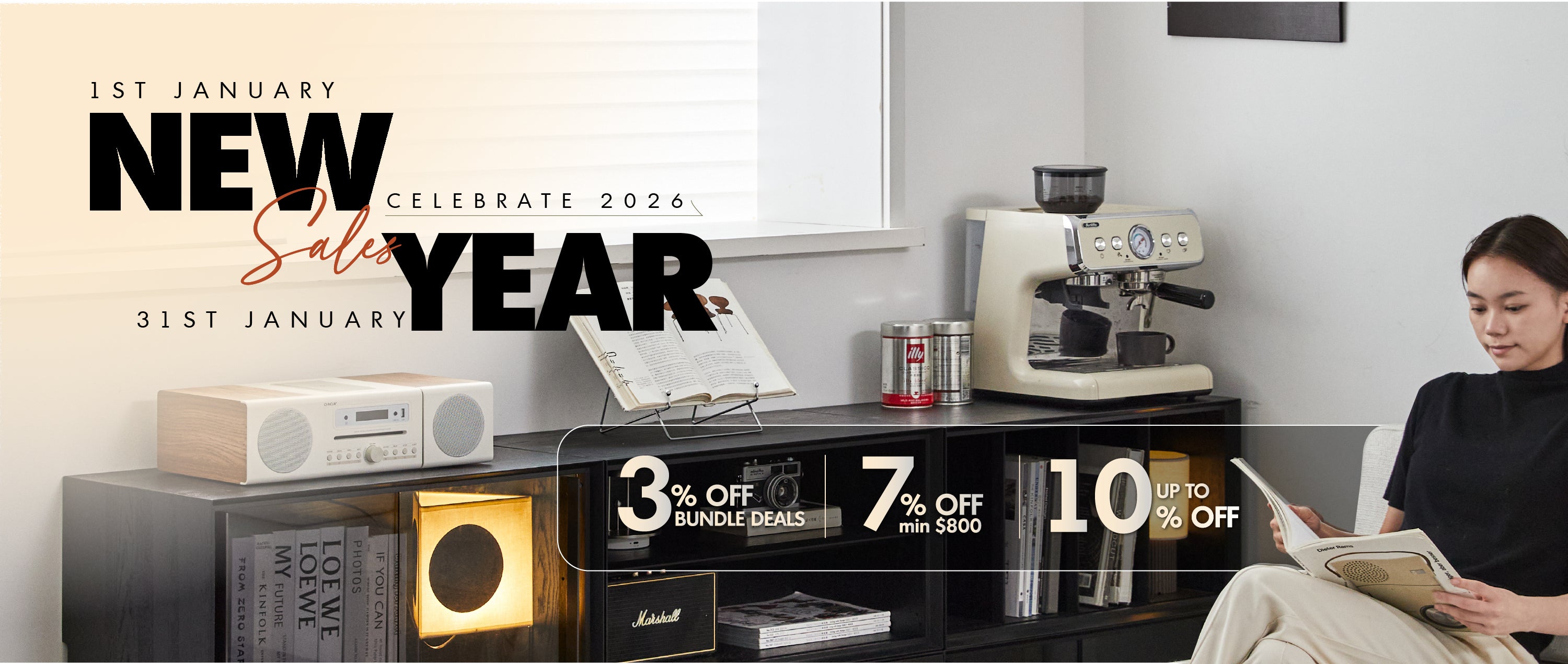 Promotional banner for a new year sale with a woman using a tablet in a modern living room.