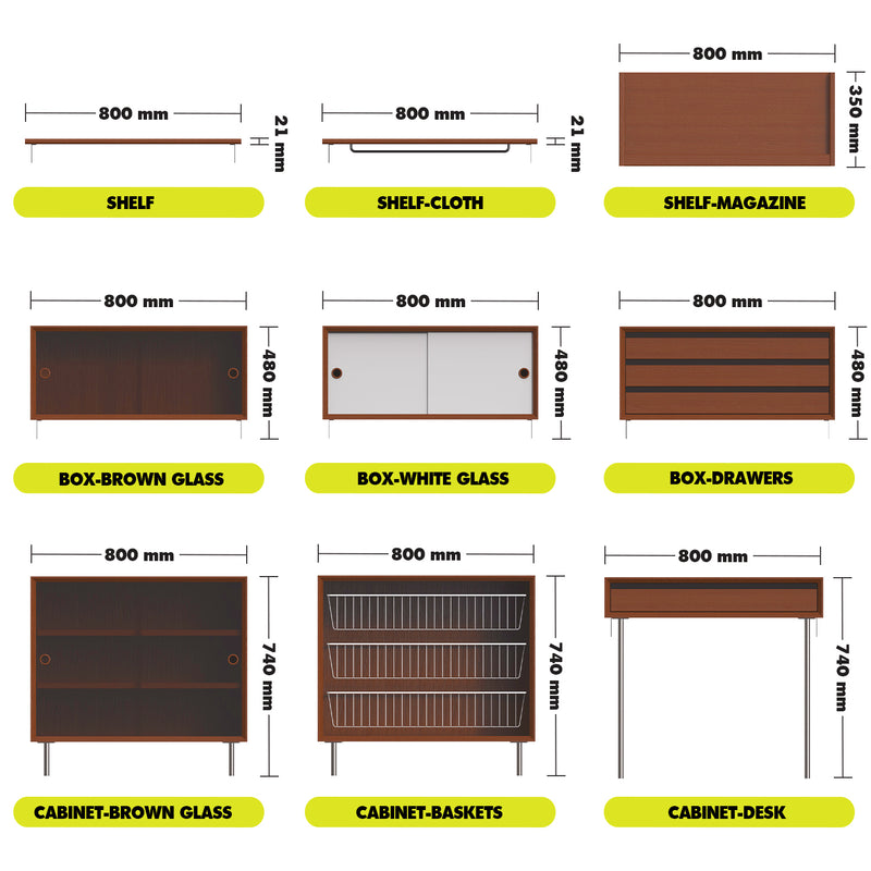 Bauhaus Boxwood Modular Hanging Wall Shelf System MUSE Size Chart