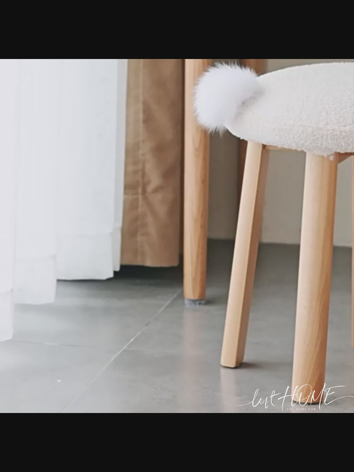 Cream teddy boucle fabric dressing stool amilan color swatches.