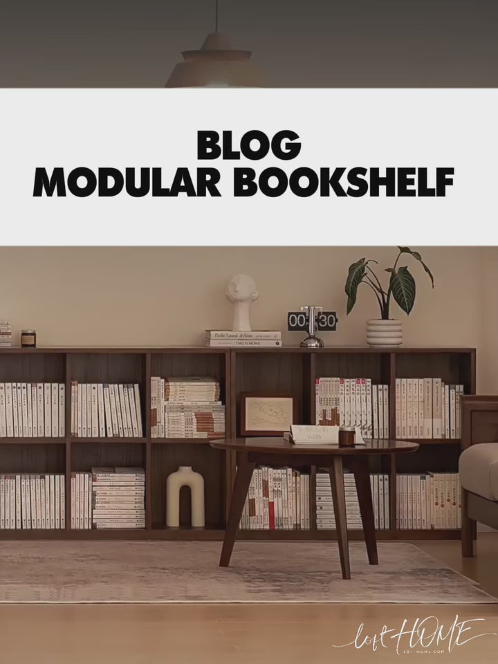 Japandi oak wood modular bookshelf blog color swatches.