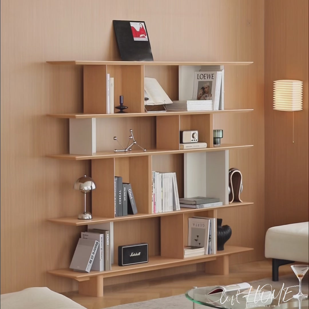 Minimalist oak wood veneer shelf berg in still life.