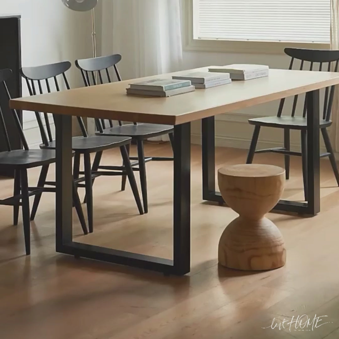 Scandinavian wood dining table sage color swatches.