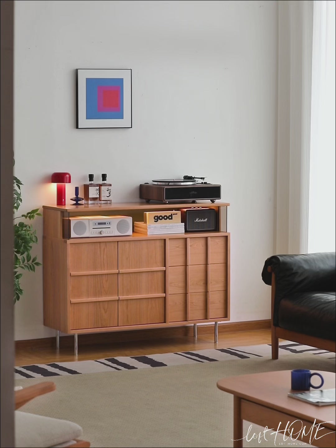 Scandinavian cherry wood side cabinet blue mountain color swatches.