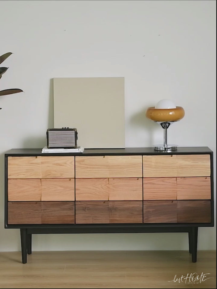 Scandinavian wood drawer cabinet wabi sabi material variants.