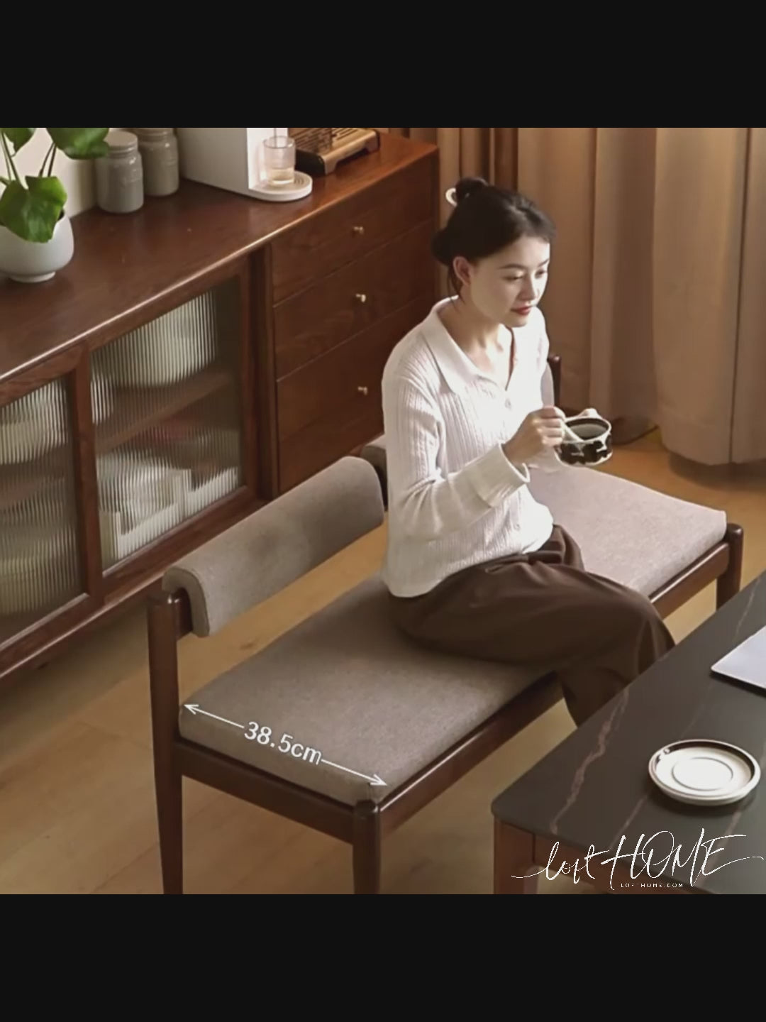 Scandinavian oak wood mixed weave fabric dining bench pillar walnut color swatches.