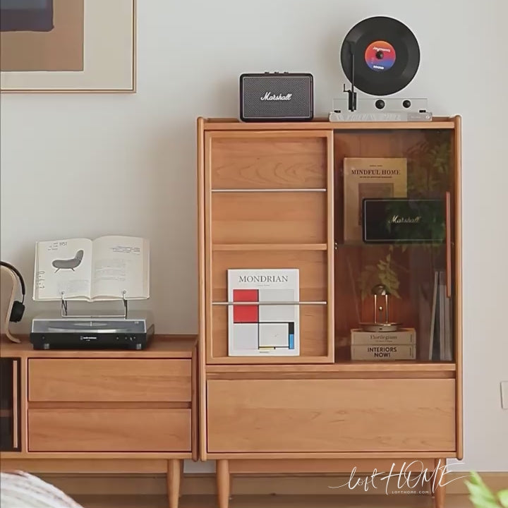 Scandinavian cherry wood side cabinet vista color swatches.