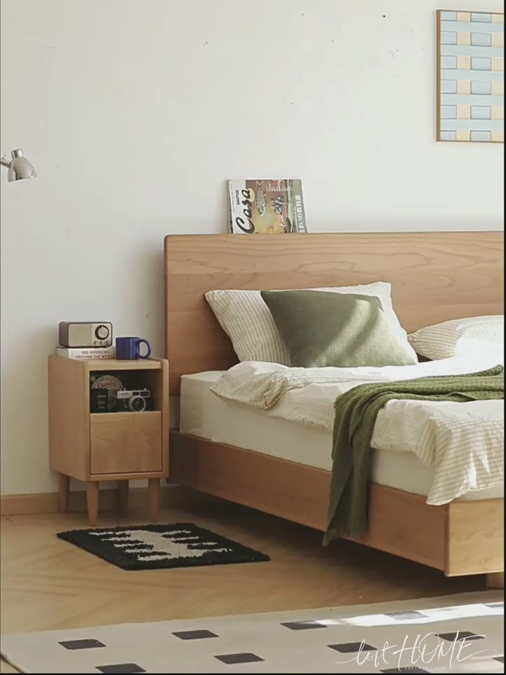 Scandinavian oak wood side table cubo material variants.