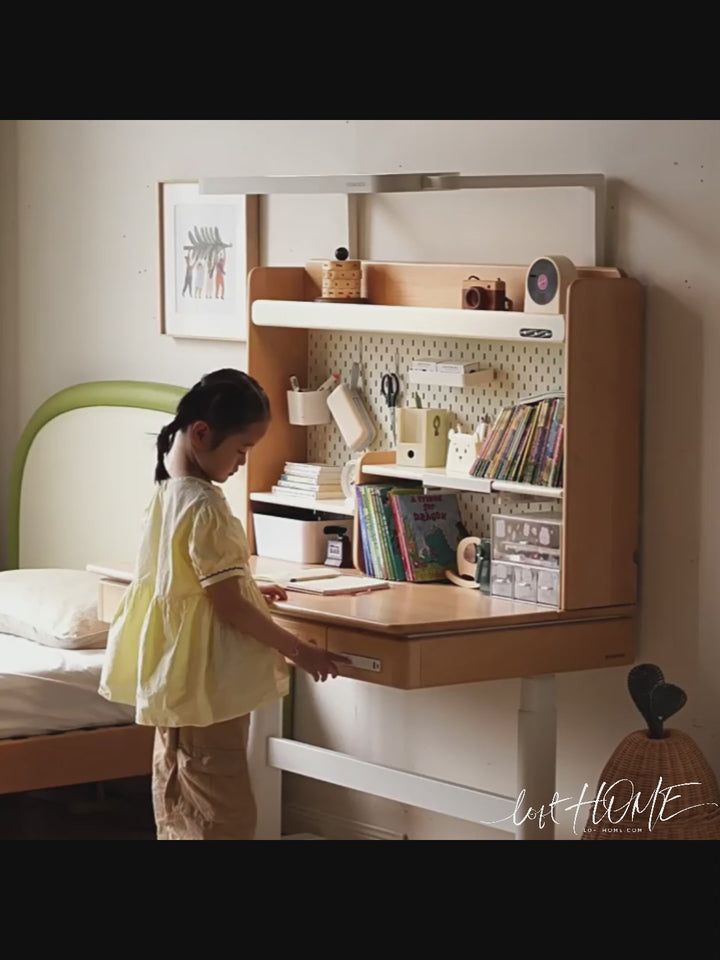 Scandinavian beech wood electric height adjustable kids study table with intergrated led light orbita color swatches.