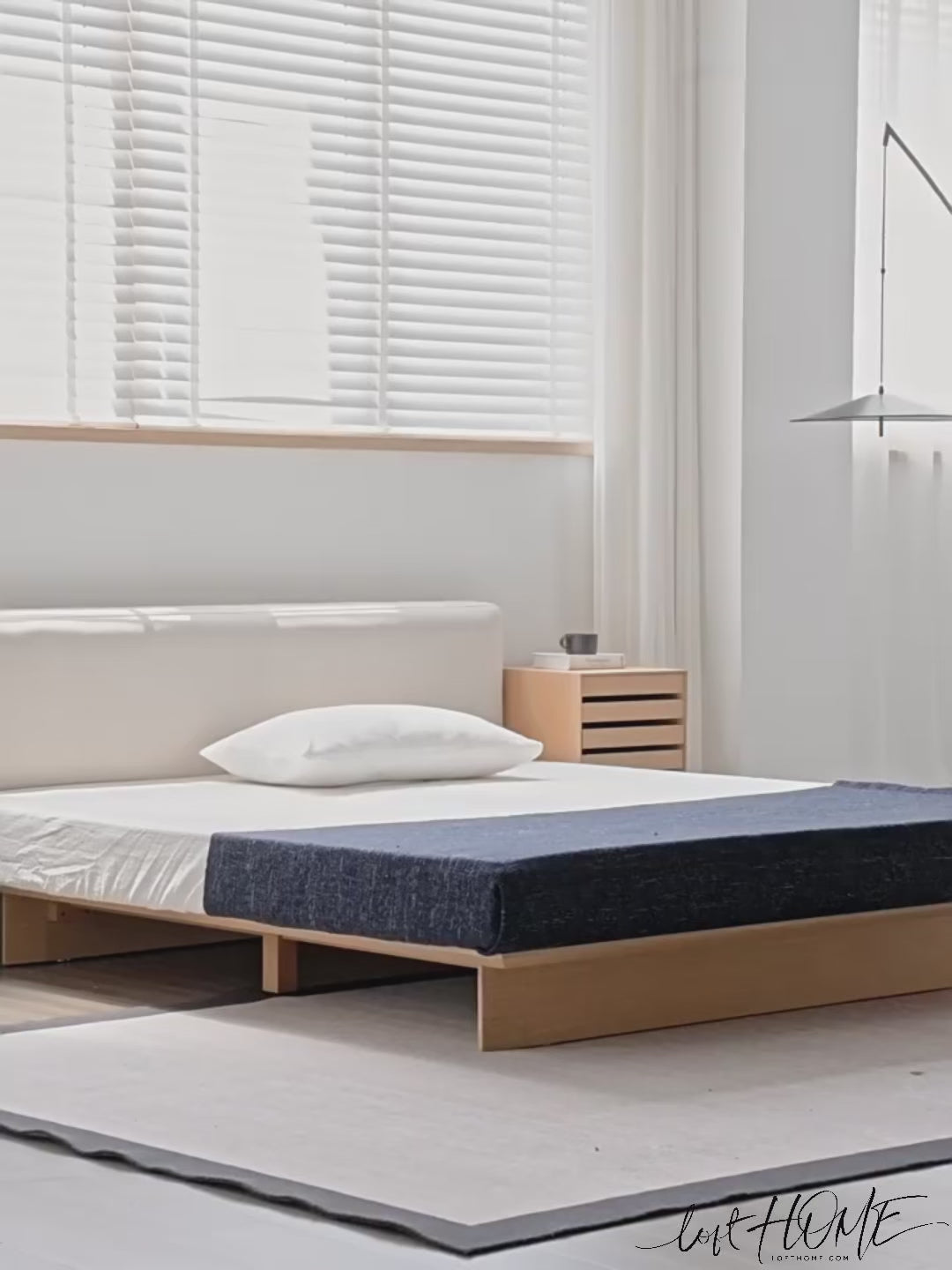 Minimalist ash wood veneer platform floating bed winter color swatches.
