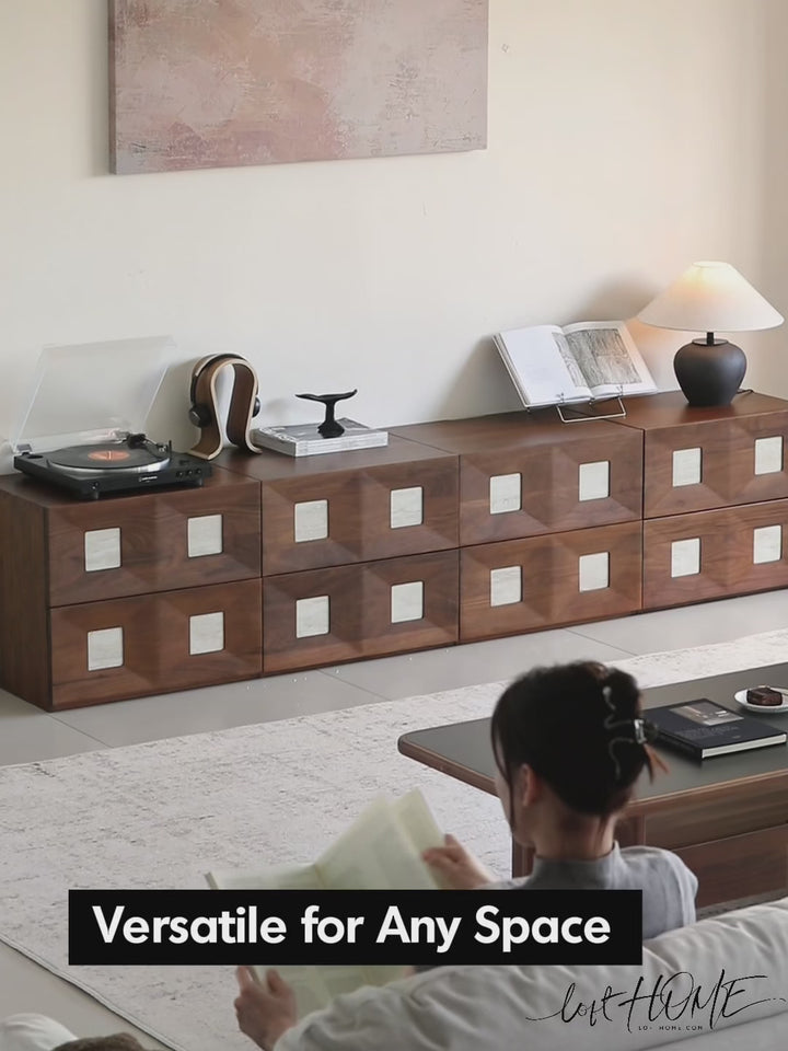 Japandi walnut wood modular cabinet solo color swatches.