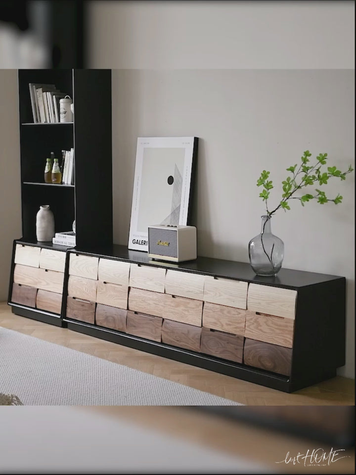 Scandinavian wood tv console wabi sabi material variants.