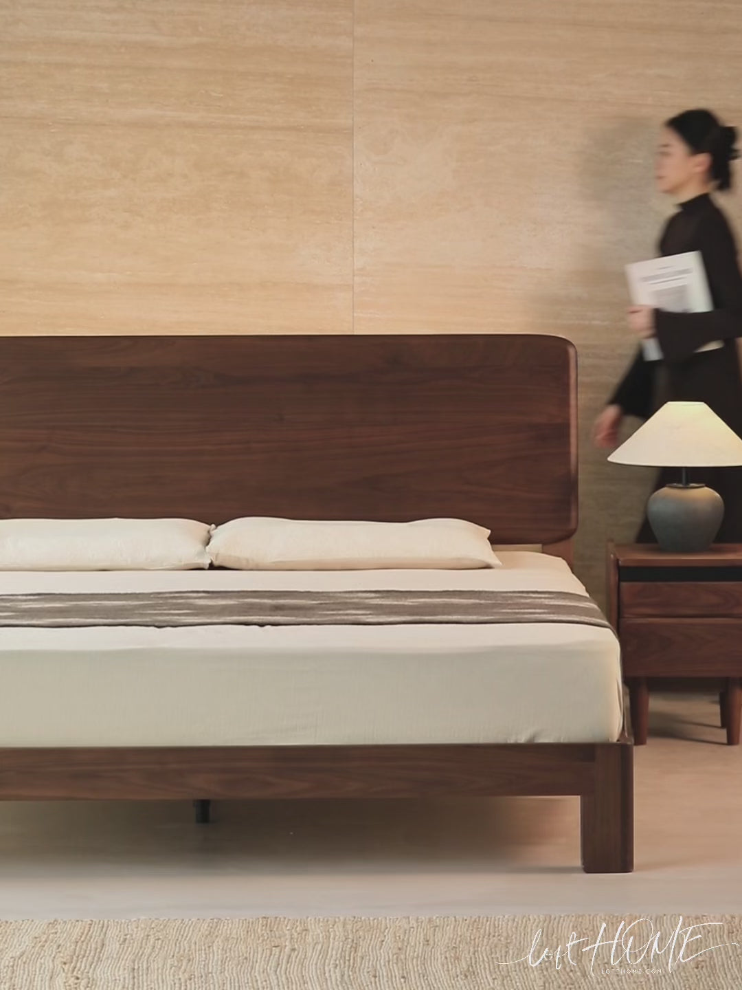 Japandi walnut wood bed dune in real life style.