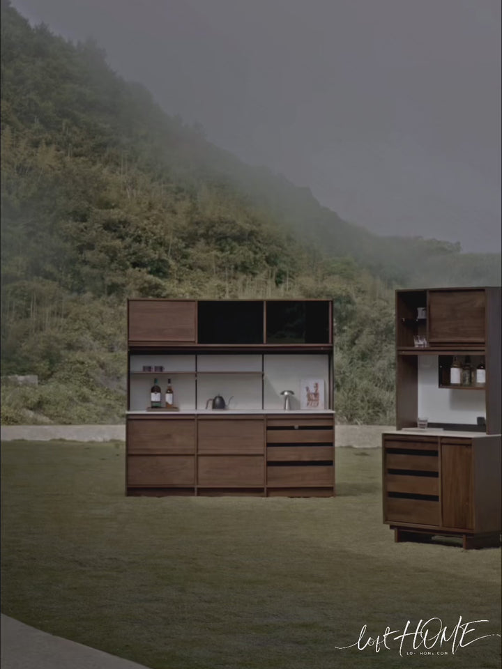 Japandi walnut wood sintered stone cabinet axis in real life style.