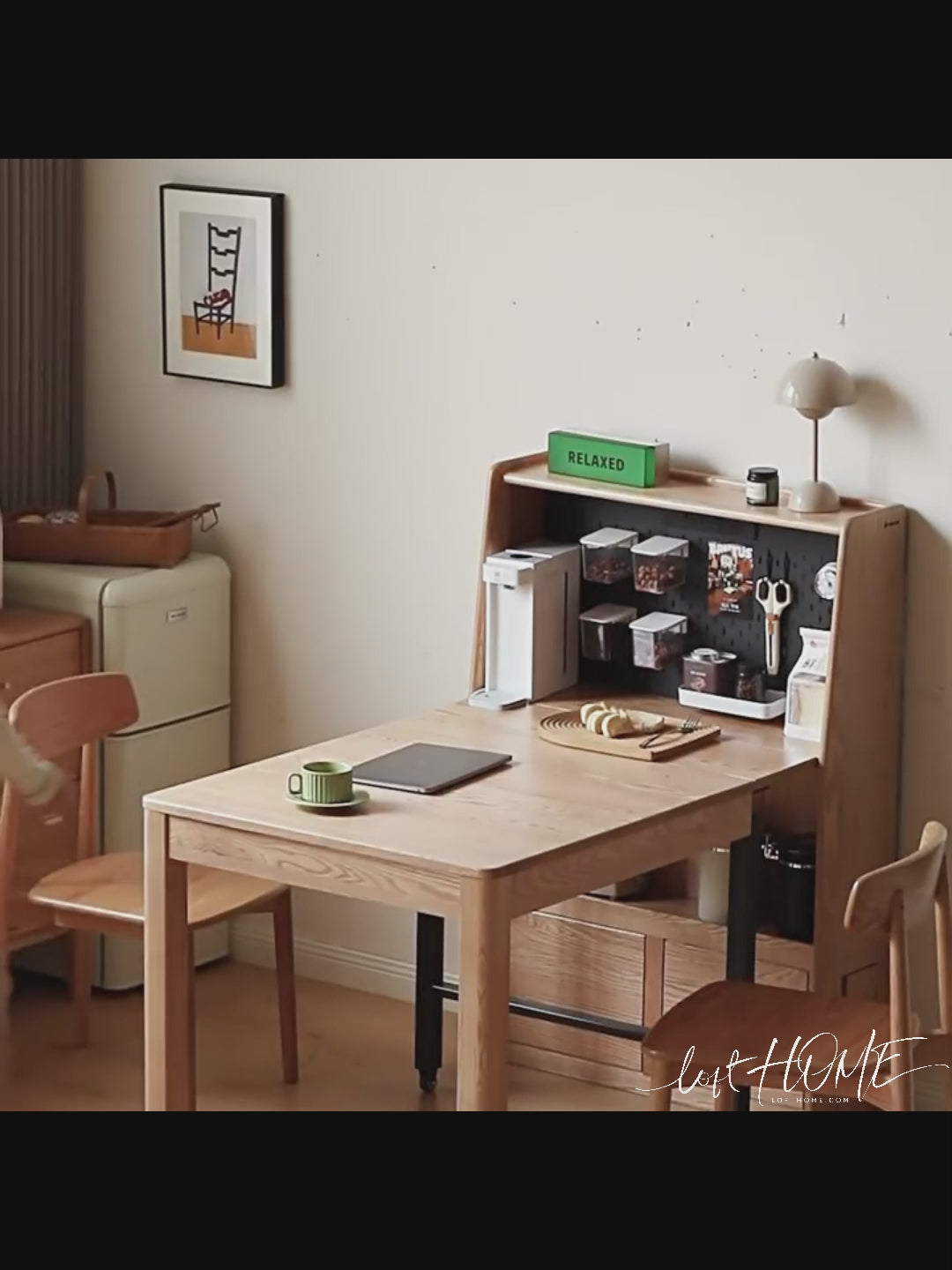 Scandinavian oak wood extendable dining table with shelf nest color swatches.