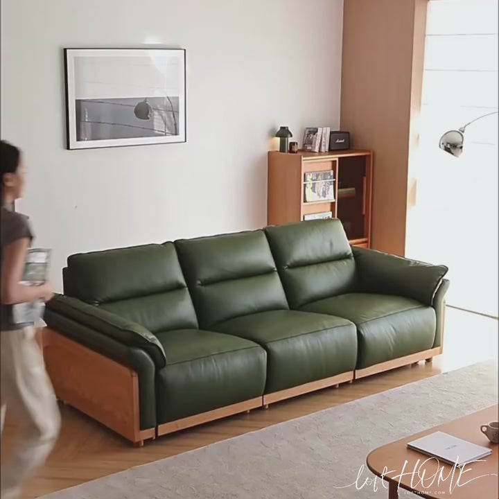 Scandinavian cherry wood genuine leather electric recliner 4 seater sofa edgeless color swatches.