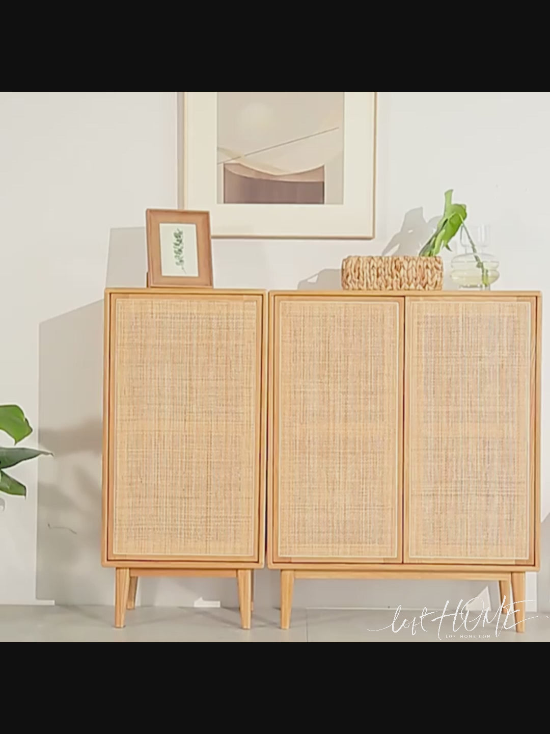 Scandinavian rattan oak wood shoe cabinet beri color swatches.