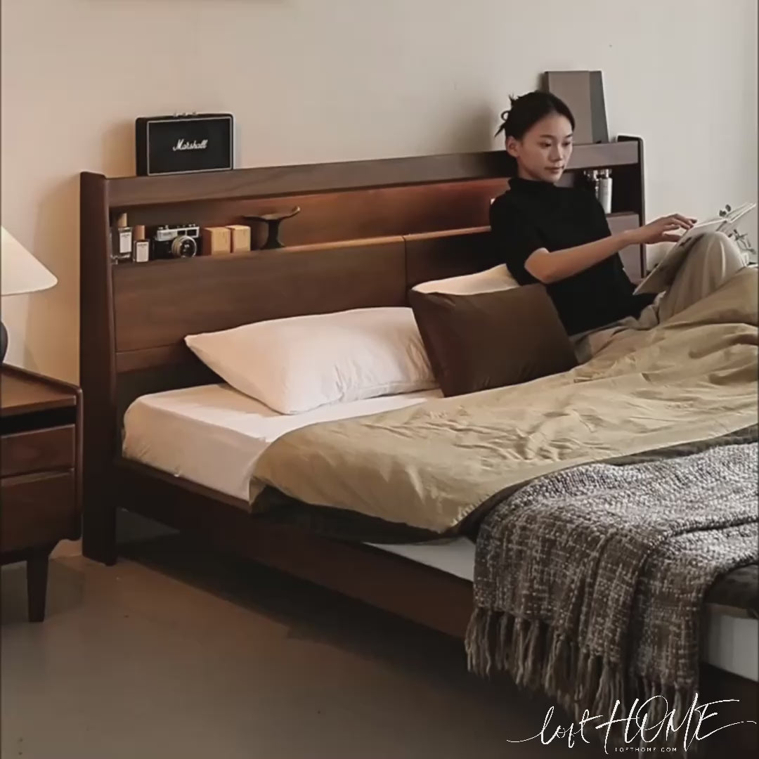 Vintage walnut wood bed accompany light conceptual design.