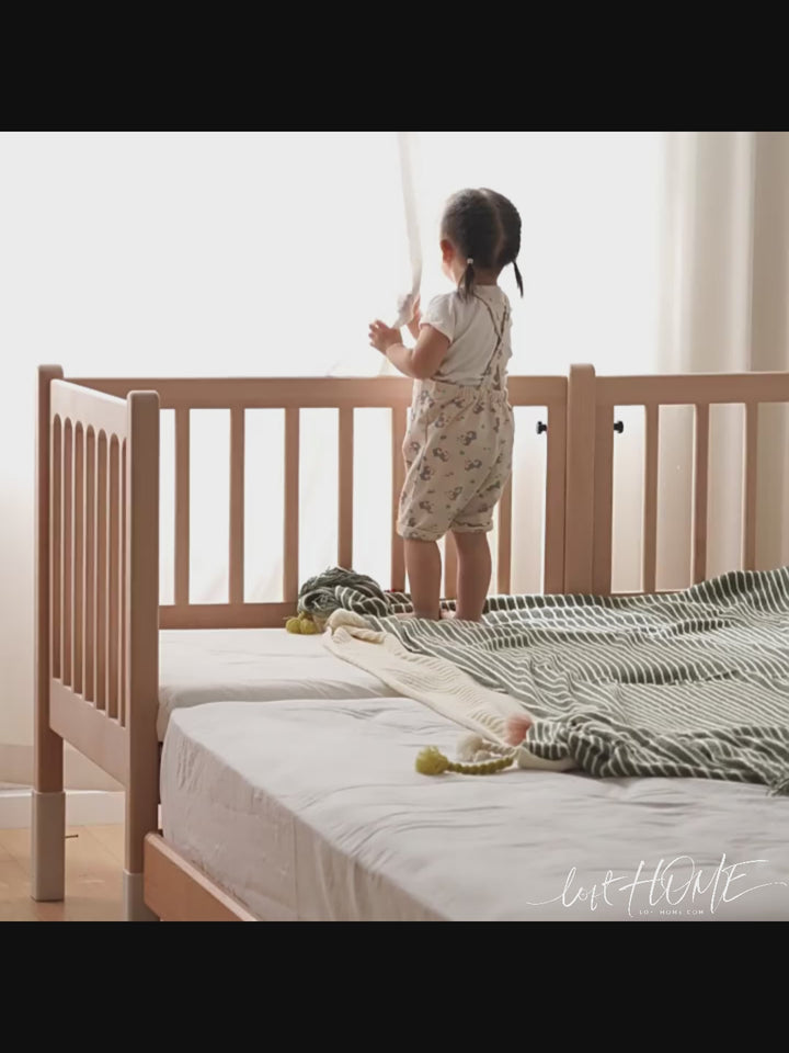 Scandinavian beech wood height adjustable kids sidecar bed with mattress set sova color swatches.