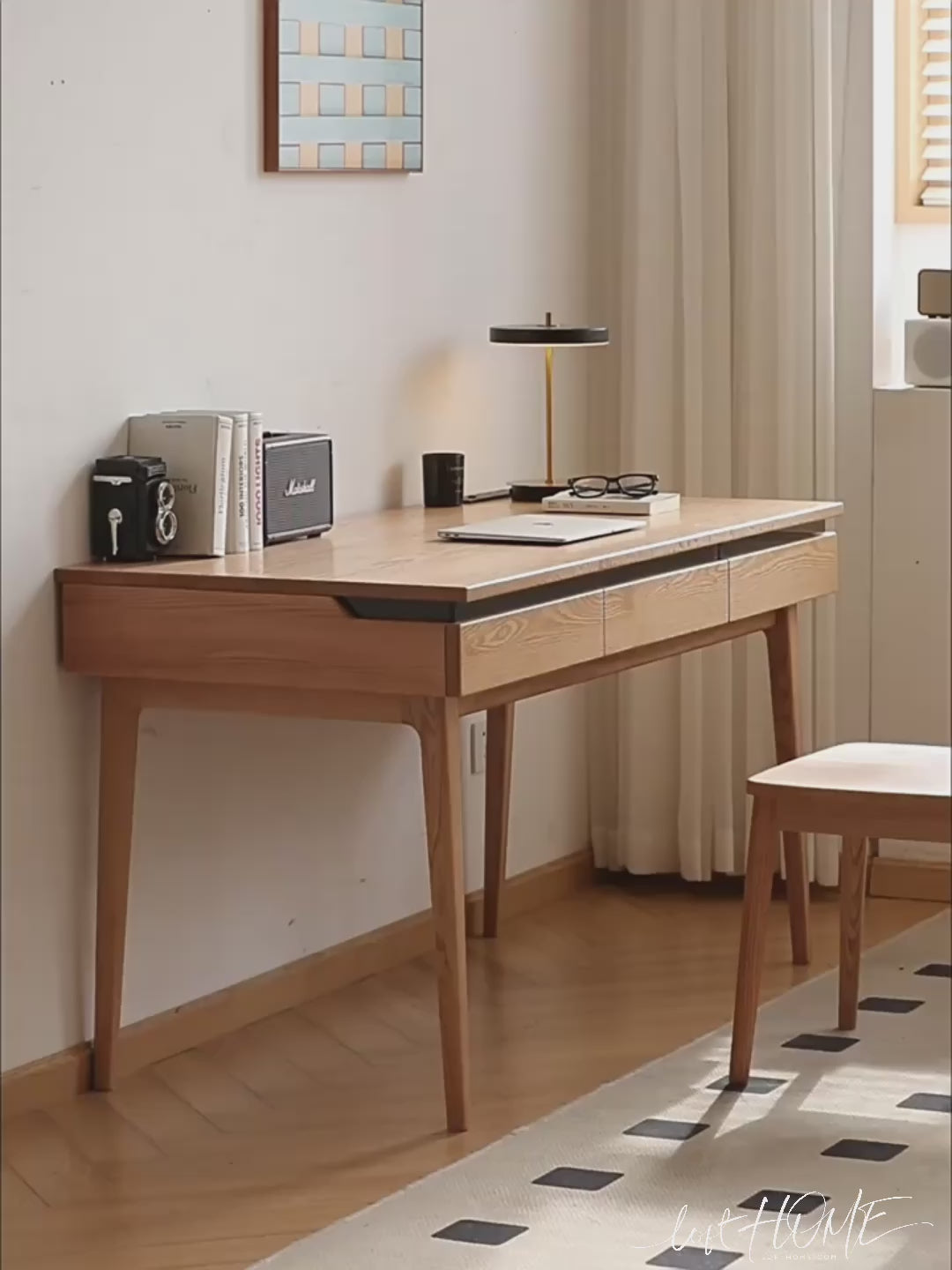 Scandinavian oak wood dressing table floating color swatches.