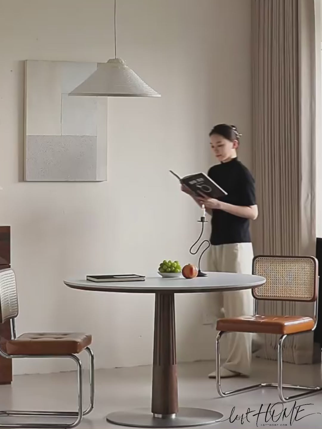 Japandi Walnut Wood Sintered Stone Round Dining Table GREY