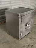Industrial metal side table hatch wheel detail 14.