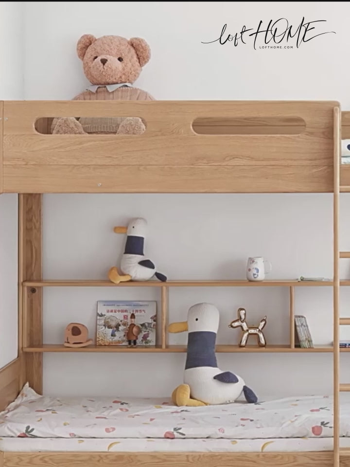 Scandinavian Oak Wood Kids Bunk Bed With Wall Shelf HIVE