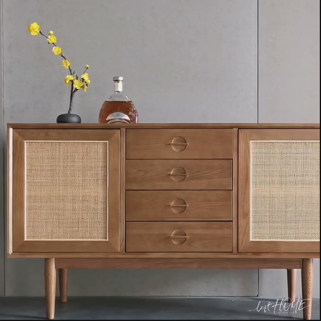Japandi wood storage cabinet peak layered structure.