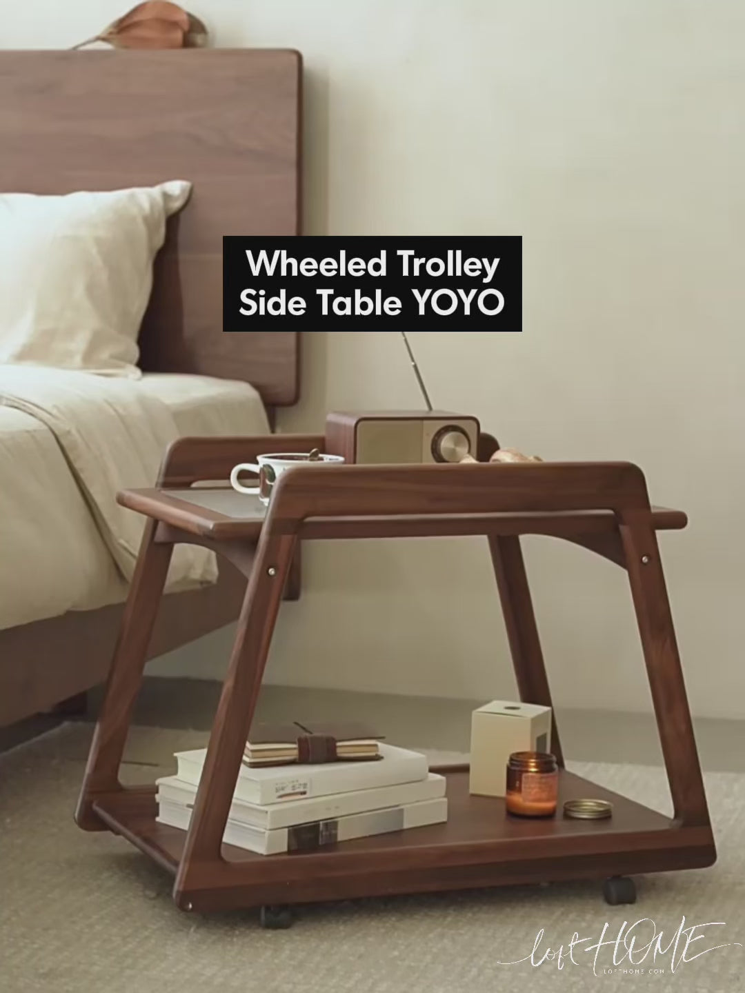Japandi walnut wood wheeled trolley side table yoyo color swatches.