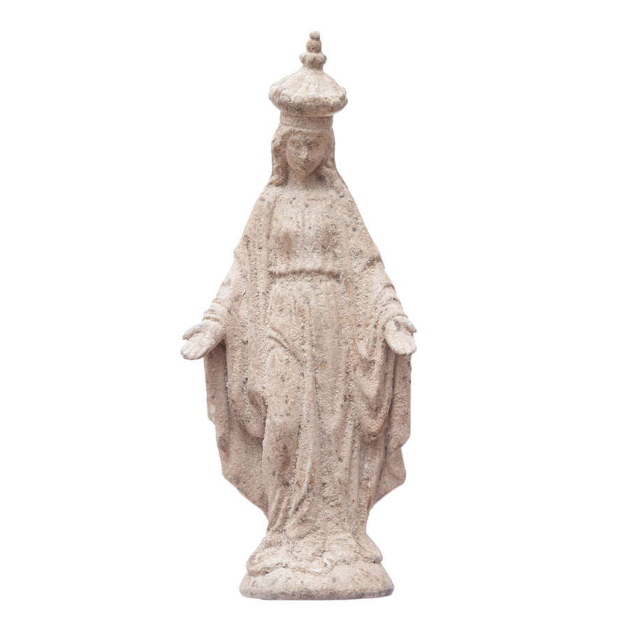 Resin vintage reproduction virgin mary statue, distressed finish decor in white background.