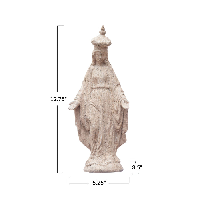 Resin vintage reproduction virgin mary statue, distressed finish decor size charts.