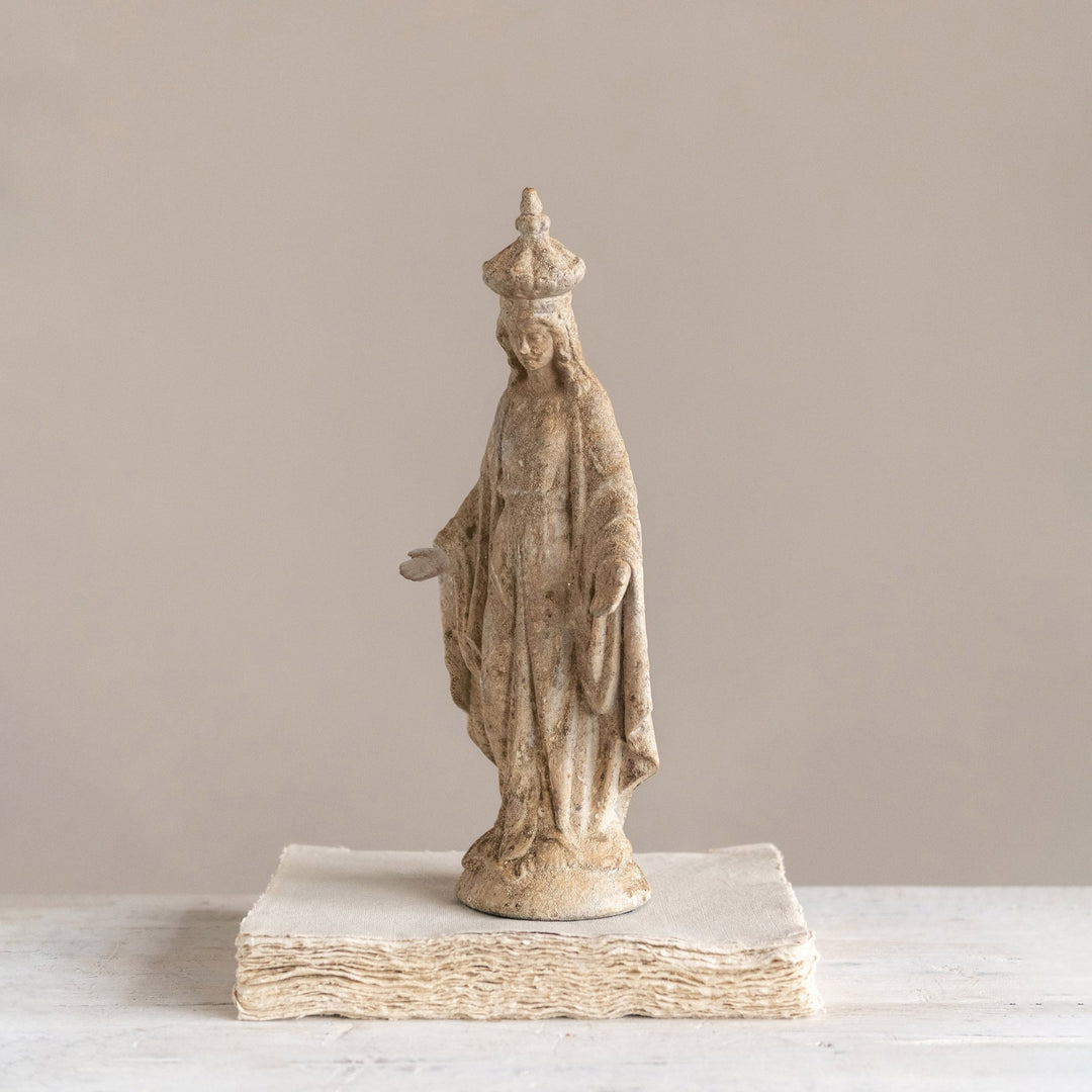 Resin vintage reproduction virgin mary statue, distressed finish decor primary product view.