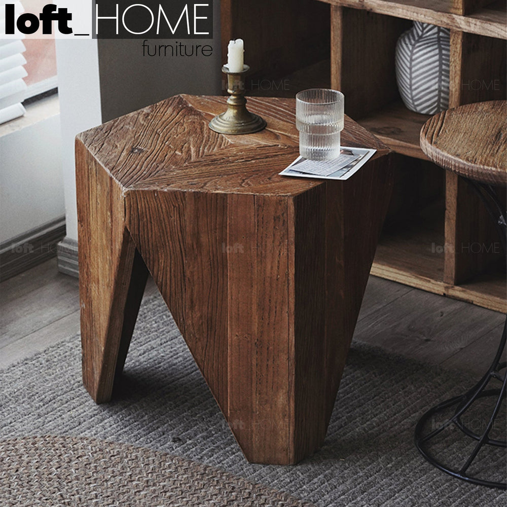 Rustic elm wood coffee table hexagon elm primary product view.