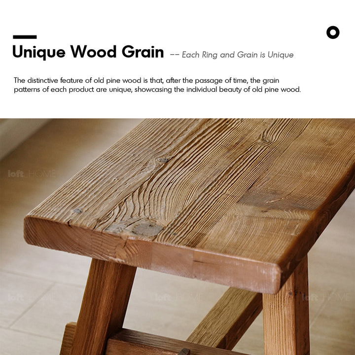 Rustic elm wood dining bench stone elm in details.