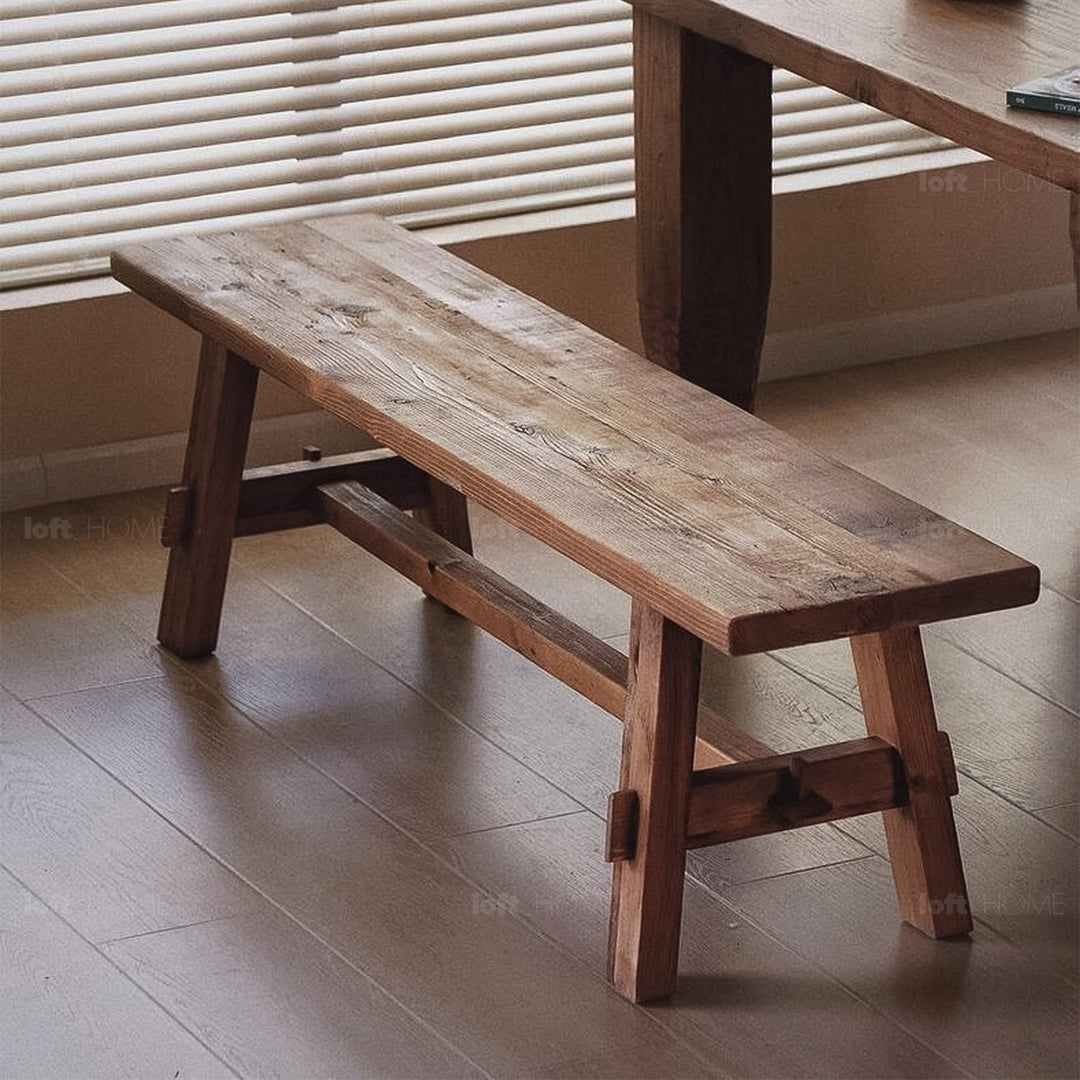 Rustic elm wood dining bench stone elm color swatches.