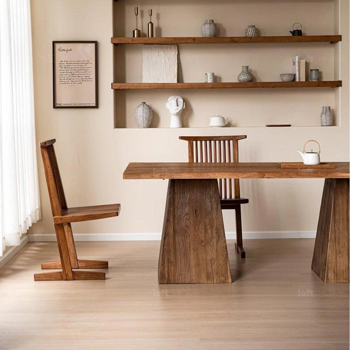 Rustic elm wood dining table balance elm with context.