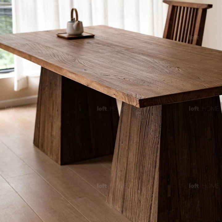 Rustic elm wood dining table balance elm in real life style.
