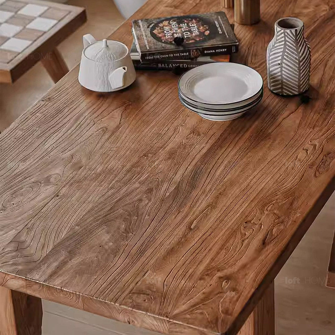 Rustic elm wood dining table kirin elm with context.