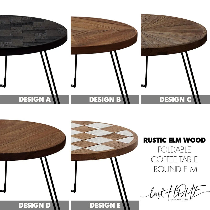 Rustic elm wood foldable round coffee table eclipse elm color swatches.