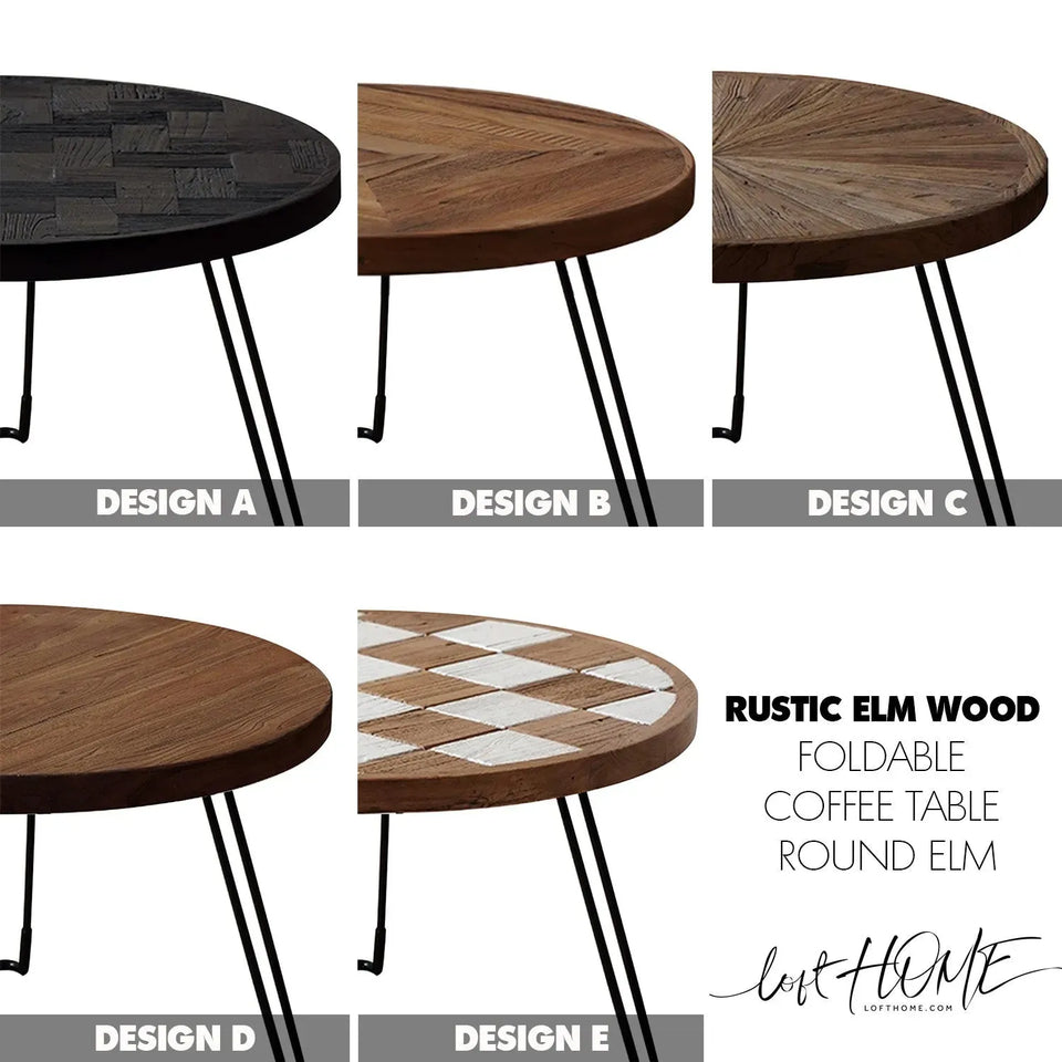 Rustic elm wood foldable round coffee table eclipse elm color swatches.