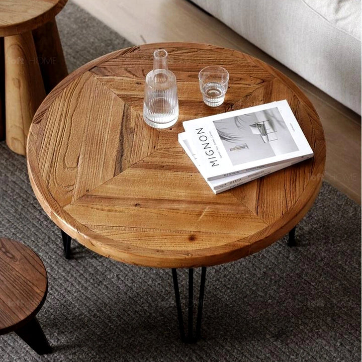 Rustic elm wood round coffee table aura elm in real life style.